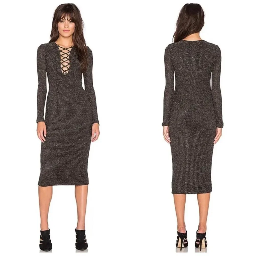 Bardot Romeo Lace Up Dress in Black Gold Metallic Midi Long Sleeve Size Small - Picture 7 of 9
